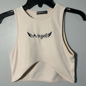 SHEIN Cream Ribbed Cropped Tank with 'Angel' Embroidery